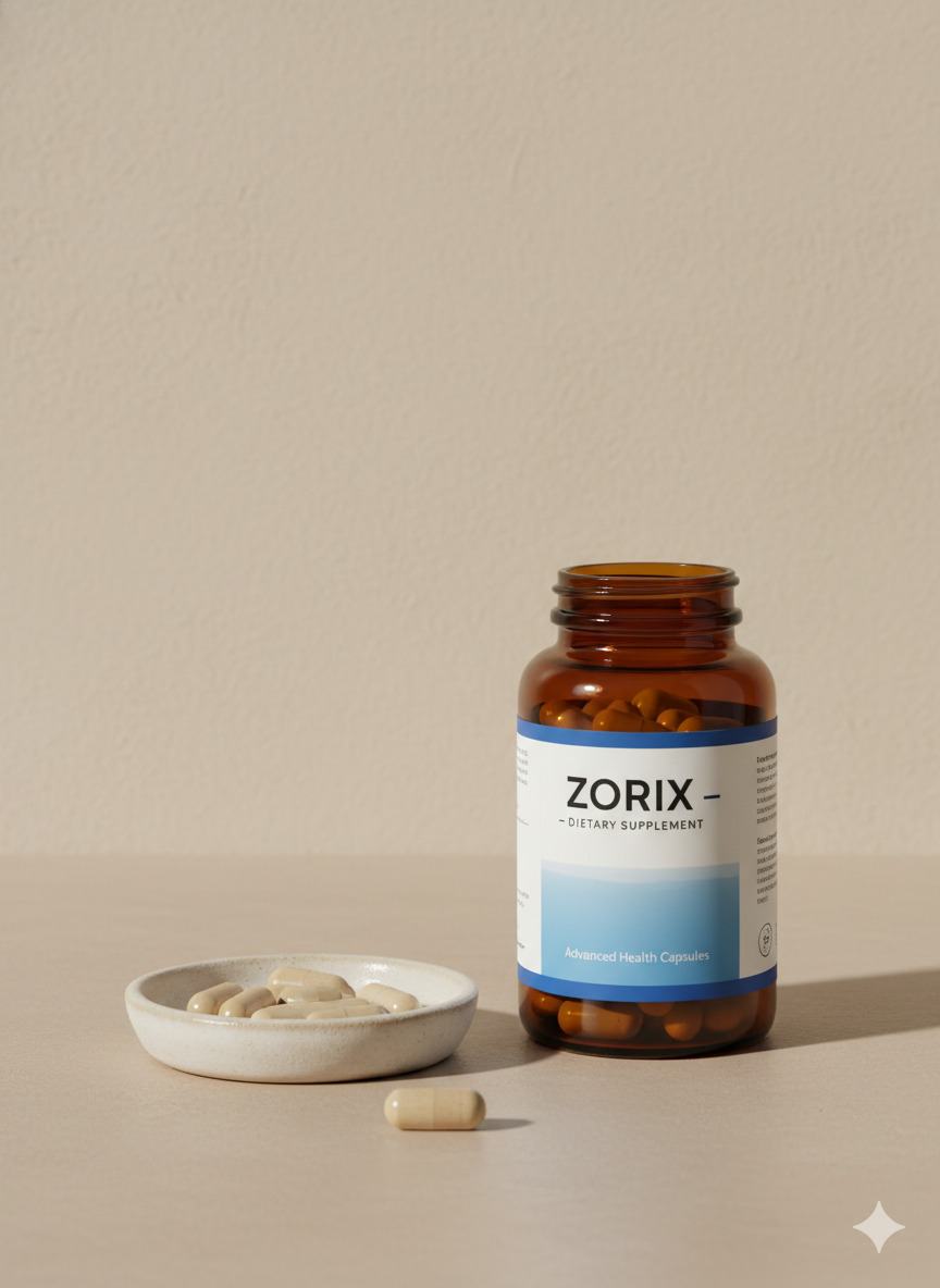 Amber bottle of Zorix dietary capsules beside a ceramic dish on a calm beige backdrop